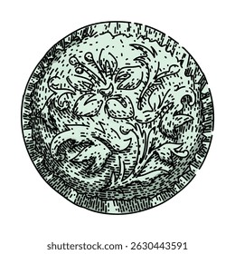 brass ornate metal button hand drawn. collectible fashion, accessory craft, sewing embellish brass ornate metal button vector sketch. isolated color illustration