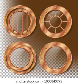 Brass Porthole Vector. Round Metal Window With Rivets. Bathyscaphe Ship Frame Design Element. For Laboratory, Aircraft, Submarines. Isolated On Transparent Background Realistic Illustration