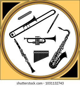 Brass and reeds musical instruments monochrome set vector