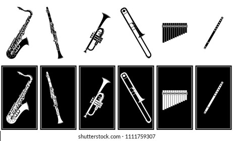 Brass and reeds musical instruments monochrome set vector