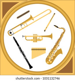 Brass and reeds musical instruments set vector
