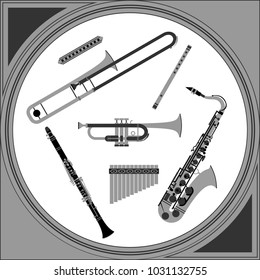 Brass and reeds musical instruments silver set vector
