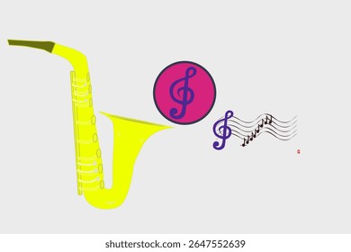 Saxofone de bronze Desenho de instrumento musical e sinal G clef nota de música
