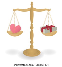 Brass scale weight between love or money, Vector illustration. 