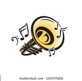 Brass trumpet blowing music notes. Vector music instrument icon or logo.