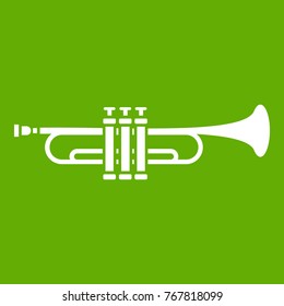 Brass trumpet icon white isolated on green background. Vector illustration