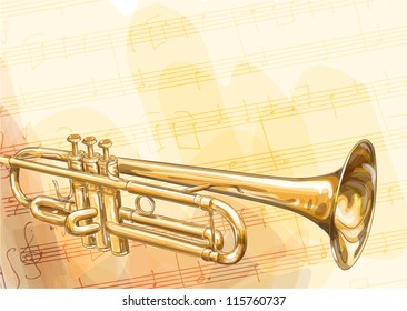 Brass Trumpet on musical background. Vector illustration.