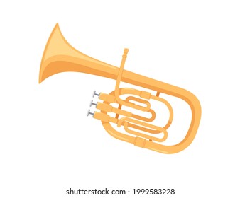 Brass tuba, wind music instrument. Classical realistic tube, twisted trumpet. Colored flat cartoon vector illustration isolated on white background