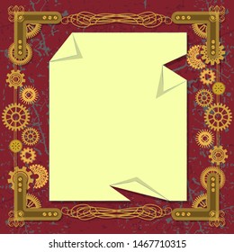 Brass vintage steampunk frame and a sheet of paper with wrinkled and torn corners. Elegant vintage template for your project. Vector illustration