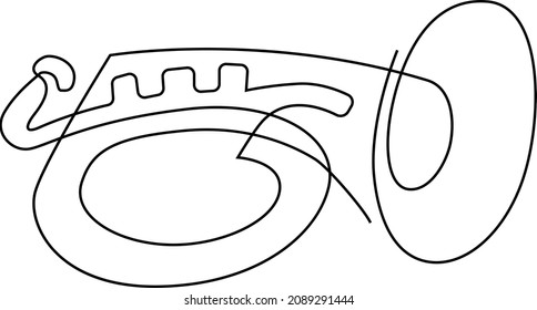 Brass wind instrument trumpet. Continuous line drawing. Vector illustration.