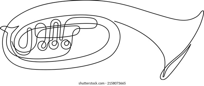 Brass wind instrument trumpet. Continuous line drawing. Vector illustration.