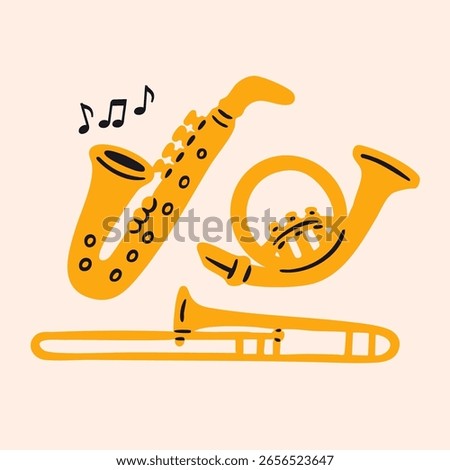 Brass wind musical instruments set. Music school, band, orchestra concept. Saxophone, trumpet, waldhorn, french horn. Hand drawn Vector illustration. Isolated design elements