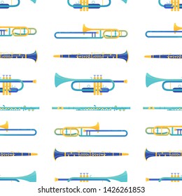 Brass and windwood instruments vector seamless pattern. Clarinet, flute, trombone, trumpet texture. Classical orchestra music instruments. Musical performance, jazz festival, symphony background