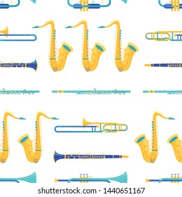 Brass and woodwind instruments flat vector seamless pattern. Sax, trombone, clarinet, flute texture. Jazz, classical music background design. Classic orchestra, music festival, performance