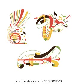 Brass and woodwind musical instruments illustrations set. Trumpet and saxophone with ribbons. French horn and sax isolated cliparts pack. Symphony orchestra equipment. Carnival, music party