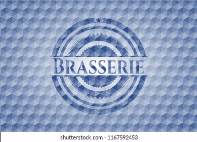Brasserie blue badge with geometric background.