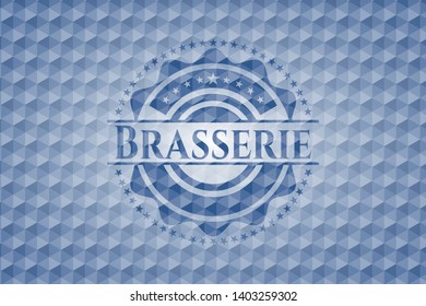 Brasserie blue badge with geometric background. Vector Illustration. Detailed.