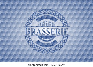 Brasserie blue emblem with geometric background.