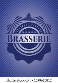 Brasserie emblem with jean high quality background. Vector Illustration. Detailed.