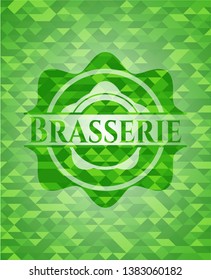 Brasserie green emblem with triangle mosaic background. Vector Illustration. Detailed.