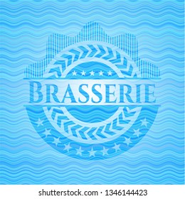Brasserie light blue water wave style badge.