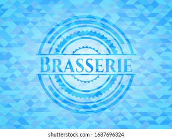 Brasserie sky blue emblem with mosaic ecological style background