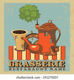 Brasserie.Design for menu with tree, kettle, cup, loving couple, bridge  and text on vintage background.