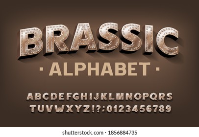 Brassic alphabet font. Steampunk scratched letters and numbers with rivet. Stock vector typescript for your design.