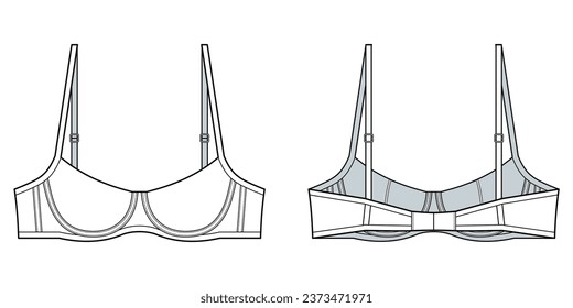 Brassiere technical fashion illustration. A Brassiere fashion flat technical drawing template, front view, back view, form-fitting, undergarment, white color, women, CAD mockup set.