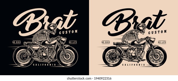 Brat style motorcycle vintage label with skeleton racer in moto helmet and goggles riding custom motorbike isolated vector illustration