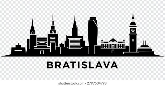 Bratislava city skyline silhouette vector illustration. Detailed city landscape with famous landmarks and buildings, isolated on white background.