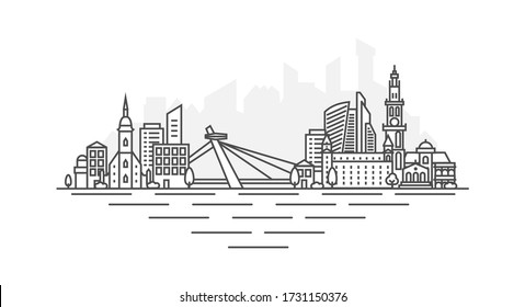 Bratislava City, Slovakia architecture line skyline illustration. Linear vector cityscape with famous landmarks, city sights, design icons, with editable strokes isolated on white background.