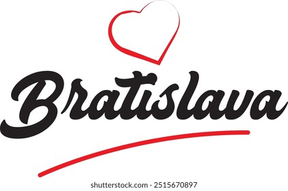 Projeto de texto da cidade de Bratislava com design de ícone tipográfico de coração vermelho adequado para promoção turística
