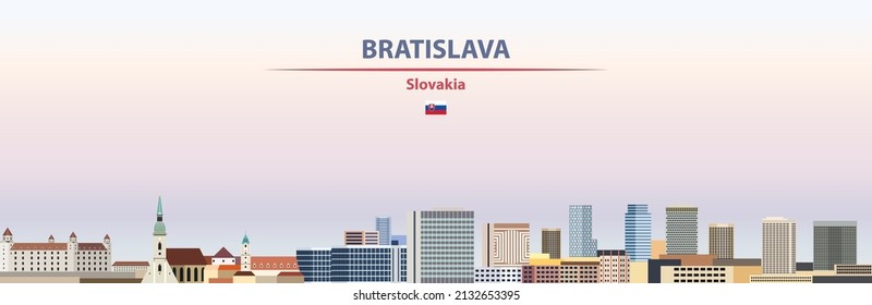 Bratislava cityscape on sunset sky background vector illustration with country and city name and with flag of Slovakia