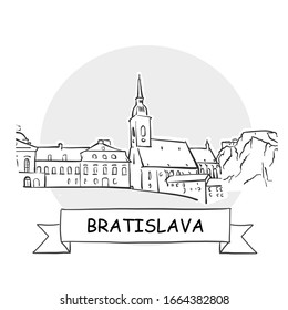 Bratislava Cityscape Vector Sign. Line Art Illustration with Ribbon and Title.
