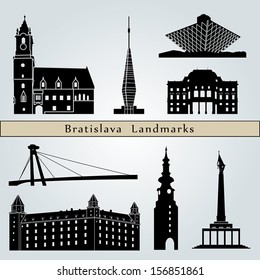 Bratislava landmarks and monuments isolated on blue background in editable vector file