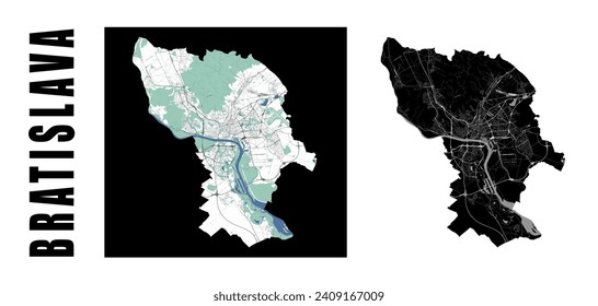 Bratislava map. Slovakia city within administrative municipal borders. Set of black and white vector maps. Streets and Danube river, high resolution.