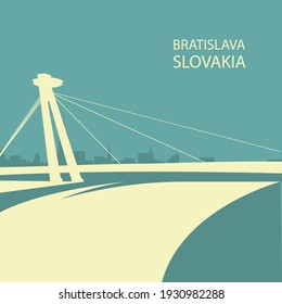 Bratislava skyline, cityscape with UFO bridge silhouette, Slovakia, vector