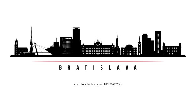 Bratislava skyline horizontal banner. Black and white silhouette of Bratislava City, Slovakia. Vector template for your design. 