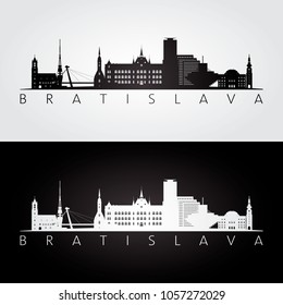 Esquina de Bratislava y silueta histórica, diseño en blanco y negro, ilustración vectorial.