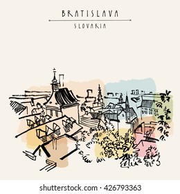 Bratislava skyline, Bratislava, Slovakia, Europe. Vector artistic illustration. Retro style sketch. Belfry, roofs, trees, sky. Travel postcard, poster template, book illustration in vector 