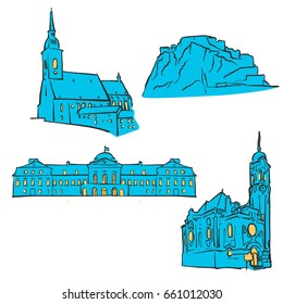 Bratislava, Slovakia, Colored Landmarks, Scalable Vector Monuments. Filled with Blue Shape and Yellow Highlights. 