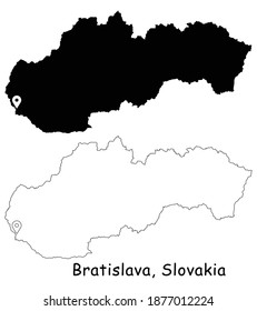 Bratislava, Slovakia. Detailed Country Map with Location Pin on Capital City. Black silhouette and outline maps isolated on white background. EPS Vector