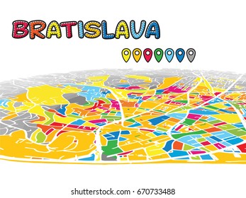 Bratislava, Slovakia, Downtown 3D Vector Map of Famous Streets. Bright foreground full of colors. White Streets, Waterways and grey background areal. White Horizon.