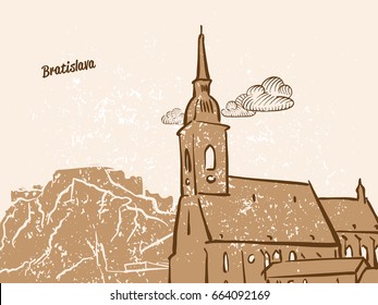 Bratislava, Slovakia, Greeting Card, hand drawn image, famous european capital, vintage style, vector Illustration