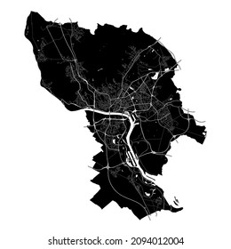 Bratislava, Slovakia, high resolution vector map with city boundaries, and editable paths. The city map was drawn with white areas and lines for main roads, side roads and watercourses.