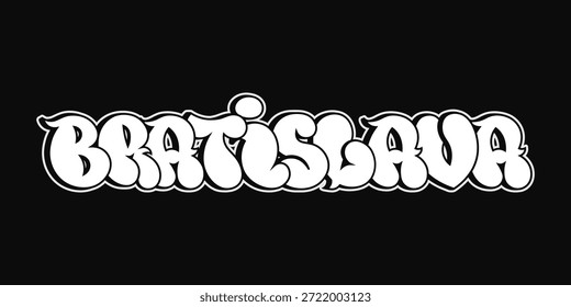 Bratislava en graffiti de burbuja blanca con contorno negro sobre fondo negro sólido tipografía de arte callejero audaz para la cultura urbana, viajes, marca y Diseño gráfico moderno