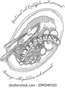 Bratwurst with Sauerkraut. Sausage with potatoes and sour crout on the plate. Sketchy hand-drawn vector illustration