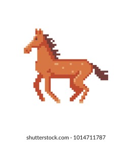 Braun horse character. Pixel art. Isolated vector illustration. New Year with chinese symbol of horse. Game assets. Pixel art 80s style. Cartoon icon for children's mobile app, book, sticker.