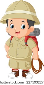 a brave adventurous boy carrying camping equipment and a rope in his hand of illustration